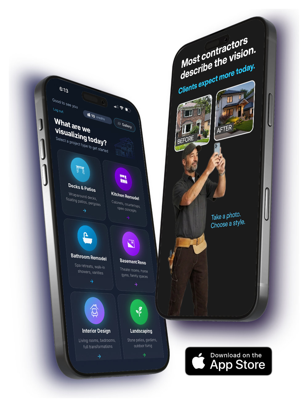 Renovizzion sales app on two iPhones: the project picker, and an on-site before/after capture screen